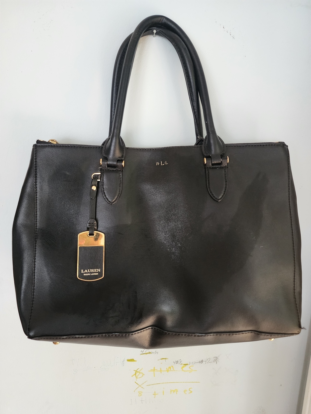 Lauren Ralph Lauren Black Leather Tote with Gold Tag